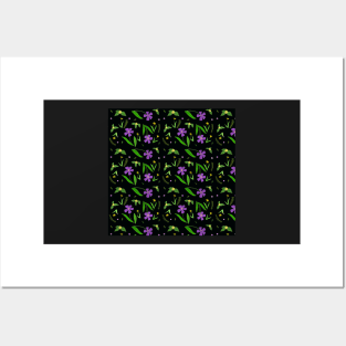 Gouache Purple and Yellow Flower Pattern with a black background Posters and Art